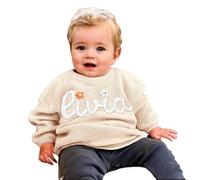 Tivhelrf Suéter de Punto Hecho a Mano para Bebés con Nombre o Monograma Bordado a Medida, Regalo Especializado para Niñas, Niños, Bebés y Niños Pequeños 12-18M Caqui Claro