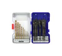 TIVOLY - Caja de Brocas + Mechas para Madera - Para Perforación Maderas Duras - Kit 15 Piezas: 9 Brocas de Madera HSS SpeedPoint Ø 2 a 10mm + 6 Mechas Planas de Madera Ø 14-24 mm