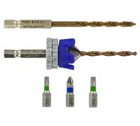 Tivoly • Kit de terraza • Broca Ø4 mm con fresadora • Broca y fresadora 2 en 1 de madera y metal • 3 puntas de tornillo de acero inoxidable • Broca de repuesto incluida • Tope de profundidad ajustable