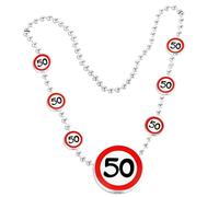 Tiwoca regalo para el 50 cumpleaños - Collar rojo y blanco con diseño de señal de tráfico “50” - Decoraciones originales y divertidas, ideales como regalo para hombre y mujer