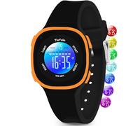 TixYolo Reloj digital para niños con 7 luces de color, resistente al agua hasta 50 m, alarma, cronómetro, correa suave, regalo para niños, reloj deportivo para niños y niñas de 5 a 12 años, Negro L