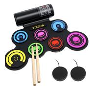 TIZECO Juego de batería eléctrica para niños, batería de práctica de 7 almohadillas, almohadilla electrónica con baquetas y conector para auriculares, tambor enrollable para principiantes, altavoces