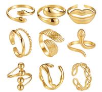 TIZU 9 Piezas Oro Anillos Mujer Acero Inoxidable en Oro de 18K Ajustables Apilables Juego de Anillos para Mujer Niña (#03)