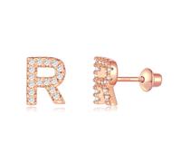 TIZU Pendientes Letra R Plata de Ley 925, Pendientes iniciales Niñas y Mujer Regalos de Cumpleaños, R-oro rosa