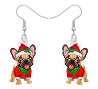 TIZURO Navidad Acrílico Divertido Lazo Rojo Campana Perro Toro Francés Pendientes Colgante de Cachorro Mascotas Animales Novedad Joyería Para Mujeres Niñas Invierno Navidad Fiesta Regalos (Caqui)
