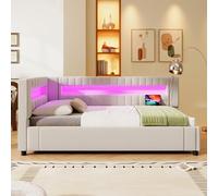 TIZZ 90 x 200 cm, cama de día, sofá cama, barra de luz LED con mando a distancia al final de la cama, almacenamiento hidráulico, sin colchón, USB + tipo C, lino, beige