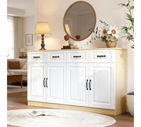 TIZZ Aparador con 4 cajones y 4 puertas, 2 estantes, diseño estriado y 8 tiradores de metal, gran espacio de almacenamiento superior para salón, dormitorio y cocina, ancho 160 cm, color blanco y