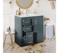 TIZZ Armario para lavabo con 3 cajones y estante lateral, armario para baño con mucho espacio de almacenamiento, bisagras de cierre suave y lavabo de cerámica, color azul. 76,5 x 46,5 x 84,5 cm