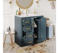 TIZZ Armario para lavabo con 3 cajones y estante lateral, armario para baño con mucho espacio de almacenamiento, bisagras de cierre suave y lavabo de cerámica, azul, 76,5 x 46,5 x 84,5 cm