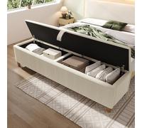 TIZZ Banco de cama de 165 x 38 cm con espacio de almacenamiento, banco acolchado, caja de almacenamiento hidráulica, adecuado para dormitorio, salón, pasillo, aspecto de pana beige