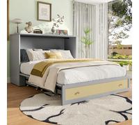 TIZZ Cama con armario 140 x 200 Mueble con cajones en el pie de la cama, estante en la cabecera, toma USB. Cama abatible con plataforma. Sin colchón. Gris