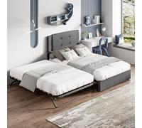 TIZZ Cama de día doble, sin colchón, cama doble con patas metálicas plegables y abatibles, simple y elegante, lino, gris, 90 x 200 + 90 x 190 cm