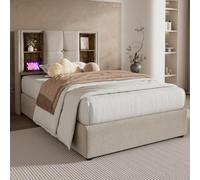 TIZZ Cama individual tapizada 90 x 200 cm con espacio de almacenamiento y somier de madera, lino natural (con colchón)