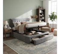 TIZZ Cama tapizada de 140 x 190 cm con somier y cabecero, cama de almacenamiento, cama tapizada hidráulica, cama doble con 2 cajones, somier de láminas de madera, terciopelo, gris