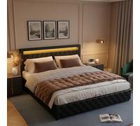 TIZZ Cama tapizada de 140 x 190 cm, totalmente funcional con somier de láminas, almacenamiento hidráulico, iluminación LED, color negro, material PU.