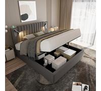 TIZZ Cama tapizada de 140 x 200 cm, cama doble, espacio de almacenamiento, luz de lectura con función de carga USB, cabecero, respaldo con diseño de remaches, cama con somier y cajón, algodón, gris