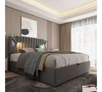 TIZZ Cama tapizada de 180 x 200 cm, cama doble con espacio de almacenamiento, luz de lectura con función de carga USB, cabecero, respaldo con diseño de remaches, somier de láminas y cajón, algodón