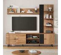 TIZZ Juego de pared para TV con vitrina de hasta 80 pulgadas, incluye TV, muebles de salón y estantería con 3 armarios, estantes abiertos, pared de montaje, pared de salón, color madera + negro