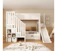 TIZZ Litera infantil de 90 × 200 cm con tobogán, armario de escalera, cajones grandes y estante abierto, color blanco, somier de láminas, seguridad EN747-1:2024, ideal para familias con varios niños