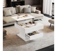 TIZZ Mesa de café geométrica 70 x 70 x 45 cm, mesa superior giratoria 360°, mesa de centro elevable con 1 cajón, mesa de salón de alto brillo con espacio de almacenamiento oculto, color blanco