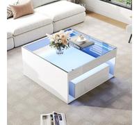 TIZZ Mesa de centro 70 x 70 x 35 cm, mesa auxiliar con 2 cajones, mesa de sofá, mesa de café brillante, mesa de salón con diseño calado, escritorio y mesa de comedor de cristal templado con LED, color