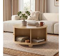 TIZZ Mesa de centro, mesa de café redonda, estructura en relieve vertical, dos puertas correderas, cuerpo de MDF, asas de metal, patas de metal esféricas, cuatro compartimentos separados, mesa de