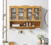 TIZZ Retro 4 Door Wall Mounted Cabinet 100 cm, Featuring Two Layers of Storage Space and An Open Hook Rack Space, Suitable for Bathrooms, Kitchens, Dining Rooms, Natural