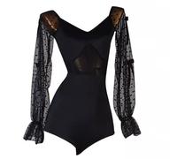 TJDWPRRD Leotardo de Rendimiento Latino Trajes de Salón de Baile con Cuello En V Body de Práctica de Salsa Cha Cha para Mujer Ropa de Entrenamiento de Baile de Tango de Manga Larga,A,XL