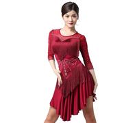 TJDWPRRD Ropa de Baile de Competición Salón de Baile con Pedrería Vestido de Baile Latino para Damas Falda de Rendimiento Tango Cha Cha con Borlas Traje de Entrenamiento Salsa Suave,Rojo,L