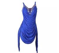 TJDWPRRD Ropa de Rendimiento Baile Latino Sin Espalda Vestidos de Competición de Tango Cha Cha con Borlas Falda Salsa Tirantes Traje de Baile Exquisito para Rumba Samba,Azul,M