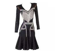TJDWPRRD Traje de Rendimiento de Baile Latino Vestido de Salón de Baile de Manga Larga para Mujer Falda de Competencia de Salsa Profesional Ropa de Baile Tango Cha Cha con Borlas,Negro,L
