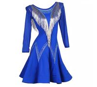 TJDWPRRD Traje de Rendimiento Latina de Manga Larga Vestidos de Baile Salsa Tango con Pedrería Falda de Espina de Pescado Salón de Baile Ropa de Práctica de Cha Cha con Cuentas,Azul,XL