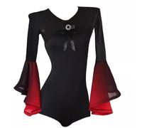TJDWPRRD Vestido de Baile Latino para Mujer Leotardo Superior del Mono de Yoga de La Gimnasia Disfraces de Rendimiento de Salón de Vals con Manga de Trompeta Falda de Práctica Ballet,A,XXL