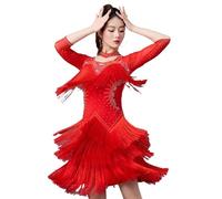 TJDWPRRD Vestido de Baile Latino para Mujer Ropa de Baile Rendimiento Salsa Cha Chá Franja Disfraz de Entrenamiento de Salón de Baile Tango Brillante Falda de Baile para Rumba Samba,Rojo,3XL