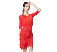 TJDWPRRD Vestido de Salón de Baile para Damas Traje de Rendimiento Latino con Borlas Ropa de Práctica de Baile de Tango Salsa con Diamantes de Imitación Falda Cha Cha Manga Media,Rojo,L