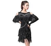 TJDWPRRD Vestidos de Baile Latino con Borlas Traje de Baile de Salsa Tango para Mujer Falda de Práctica de Salón de Baile Cha Cha Ropa de Baile Sin Tirantes para Rumba Samba,Negro,XXL