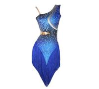 TJDWPRRD Vestidos de Competencia Latina Profesional Traje de Salsa Tango con Borlas para Mujer Falda de Salón de Baile Cha Cha Sin Espalda Ropa de Baile Exquisita para Rumba Samba,Azul,XL
