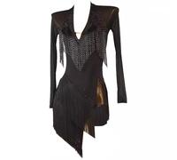 TJDWPRRD Vestidos de Competición Salón de Baile con Flecos Traje de Baile Latino de Manga Larga Ropa de Baile Salsa con Pedrería Falda de Rendimiento Tango Cha Cha con Cuentas,Negro,XL