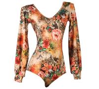 TJDWPRRD Vestidos de Salón de Baile con Cuello en V Traje de Práctica de Baile Latino Estampado Maillot Salsa Tango Mujer Body de Entrenamiento Cha Cha de Manga Larga,A,S