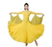 TJDWPRRD Vestidos de Salón de Baile para Mujeres Traje de Competencia Latina Profesional Ropa de Baile Flamenco con Pedrería Falda de Rendimiento Salsa Foxtrot para Mujer,Amarillo,3XL