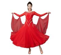 TJDWPRRD Vestidos de Salón de Baile para Mujeres Traje de Competencia Latina Profesional Ropa de Baile Flamenco con Pedrería Falda de Rendimiento Salsa Foxtrot para Mujer,Rojo,3XL