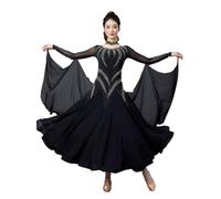 TJDWPRRD Vestidos de Salón de Baile para Mujeres Traje de Competencia Latina Profesional Ropa de Baile Flamenco con Pedrería Falda de Rendimiento Salsa Foxtrot para Mujer,Negro,XL