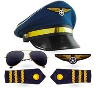 TK Gruppe Timo Klingler Juego de capitán, disfraz de carnaval para hombre con rayas en los hombros, gorra de piloto y insignia de piloto
