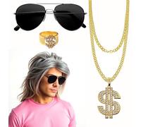 TK Gruppe Timo Klingler Juego de Salmonetes 4en 1 Tiene Peluca Assi, Cadena de Oro, Gafas negras. Disfraz para Carnaval y también para Disfraz de los 80 y 90