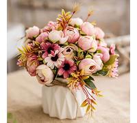 TKAS Ramos de Rosas Artificiales de Seda, decoración con jarrón de cerámica para Mesa, hogar, Oficina, Boda (Brote Rosa)