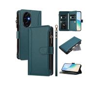 TKdaddy for Honor 200 5G Leather Case 9 Card Slots Zipper Wallet Stand Phone Cover with Wrist Strap Dark Green