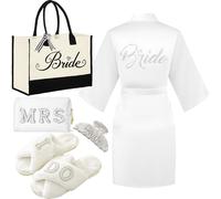 Tkifoda Juego de regalo para novia, bolsa de maquillaje con texto en inglés "I Do Bride Slippers, bata de novia, clip para el pelo, regalos de boda, Zapatillas, bolsa, bolsa de maquillaje, bata y clip