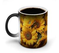 TKJMCSW Taza de café de 325 ml con muchos girasoles que cambian de color, tazas de café que cambian de calor con asa, taza mágica sensible al calor para mujeres y hombres, divertida taza de cerámica
