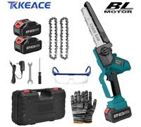 TKKEACE-motosierra eléctrica sin escobillas de 3000W, 8 pulgadas, sierra de preparación inalámbrica para carpintería, corte de jardín, aceites eléctricos para batería de 21V 2 Battery 1 EU Plug