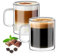 TKNO Paquete de 2 tazas de vidrio de doble pared de 400 ml, tazas de té y café transparentes aisladas, vasos grandes de borosilicato con asas, resistente al calor, taza para latte, hierbas o bebidas